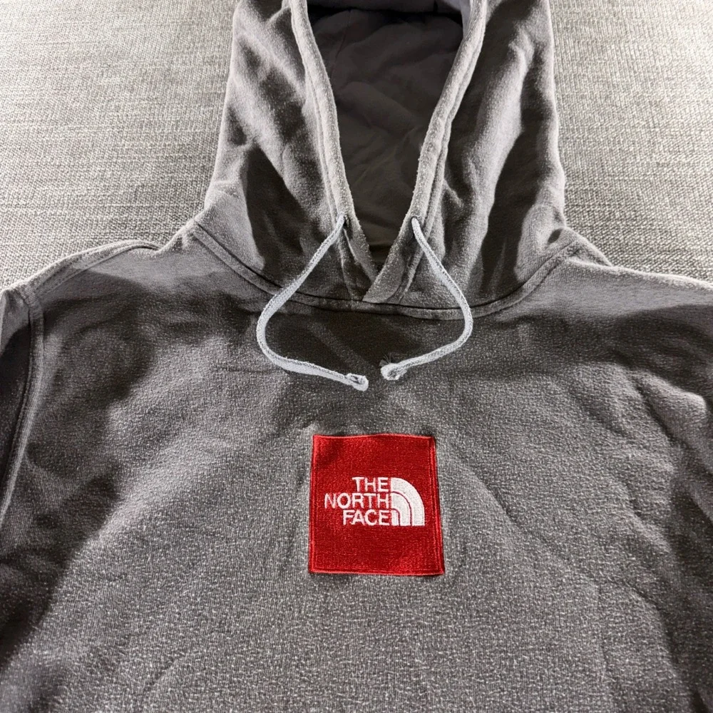 The North Face Hoodie Mens Large Gray Good‎ Red Box Logo Pullover Fleece